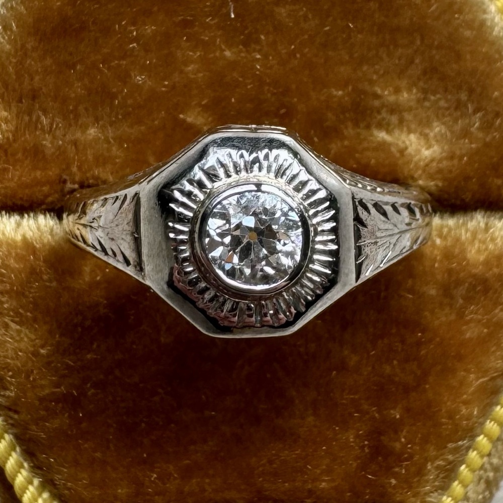 Antique Filigree Old Euro Diamond 14k White Gold Wheat Ring